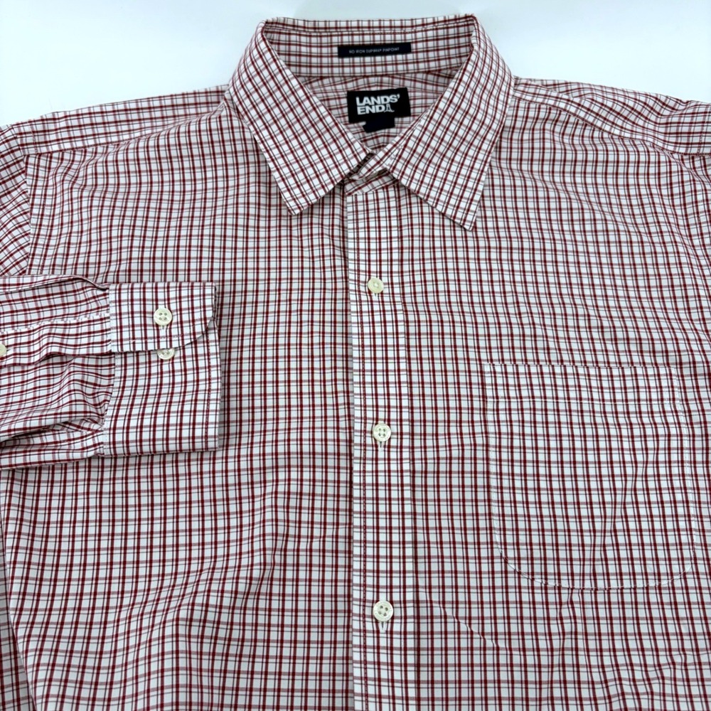 Lands End Mens 17-33 No Iron Supima Pinpoint Shirt Red White Tattersall Check